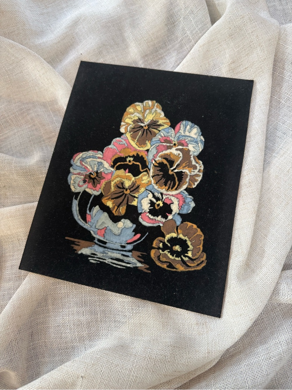 Vintage Framed Velvet Pansy Art - Multicolor Pansies on Black